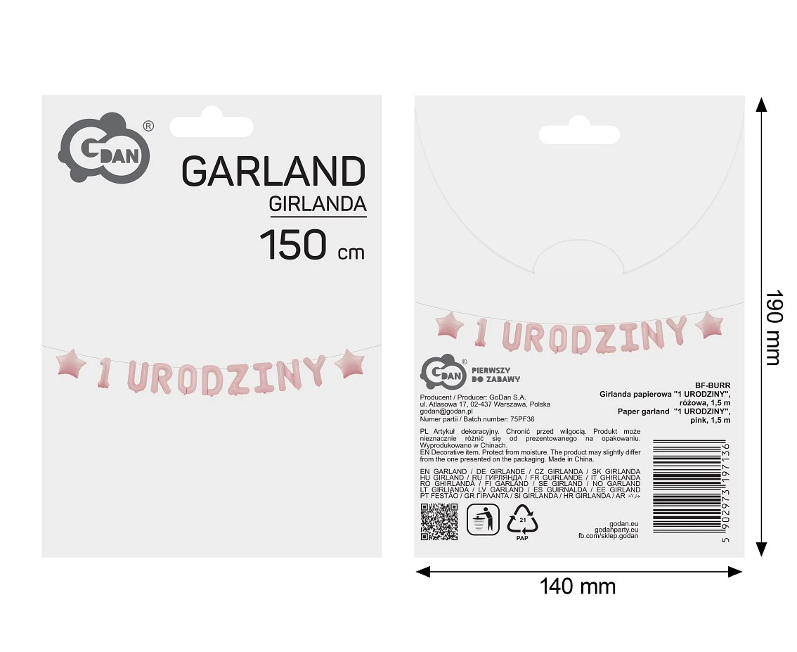 Girlanda papierowa "1 URODZINY", różowa, 1,5 m.